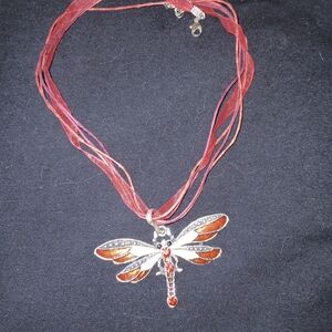 Silver Dragonfly Pendant Necklace with Red Accents